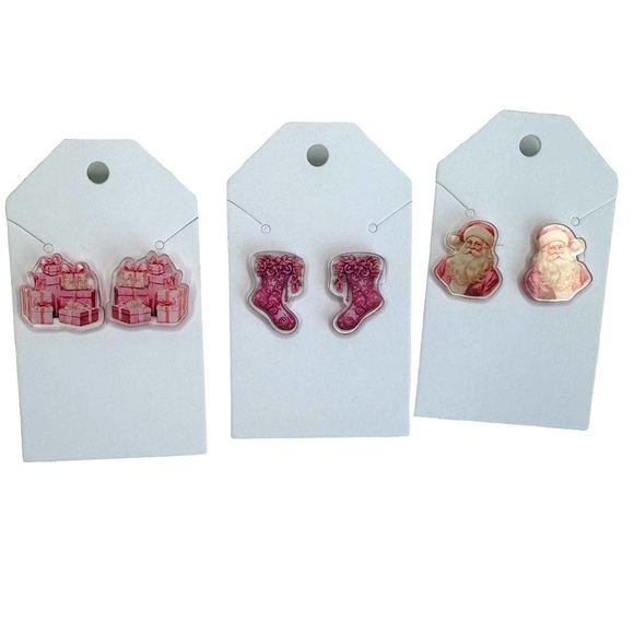Set of 3 Pink NEW Christmas Holiday Stud Acrylic Handmade Earrings - Picture 1 of 8